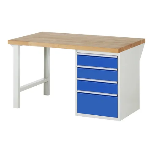 Rau Werkbank 7510A1 - Robuste Standardwerkbank mit 4 Schubladen - Standardwerkbank mit Buche-Massiv-Arbeitsplatte, extrem langlebig und belastbar. Ideal für professionelle Werkstätten und Hobbyhandwerker, inkl. zentralem Schloss und rollengelagerte Schubladen.