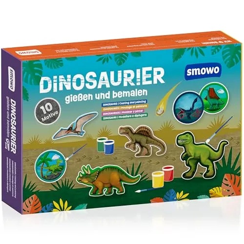 Smowo® 10 Dinosaurier Gipsfiguren zum Gießen und Bemalen - Dino Gips Bastelset inklusive Enzyklopädie - Geschenk zum Basteln für Jungen und Mädchen