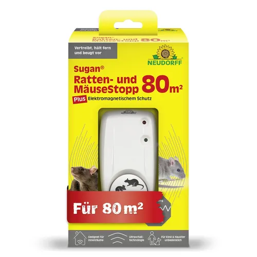 Neudorff Sugan Ratten- und Mäuse Stopp 80qm - Ultraschall-Schädlingsschutz, effektive Abwehr gegen Ratten und Mäuse bis 80qm, umweltfreundlich und tierfreundlich.