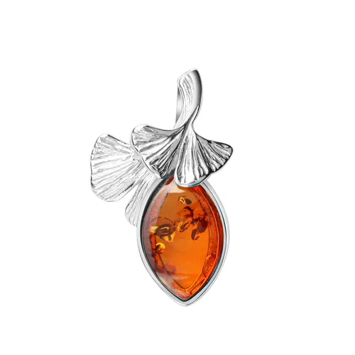 Anhänger Kettenanhänger 925 Sterling Silber rhodiniert Ginkoblatt Bernstein V