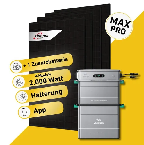 Watt Bifazial Komplettset für Balkonkraftwerk mit Zendure Solarflow 800 Pro 2 - Vollständiges Balkonkraftwerk-Set zur Energieerzeugung und -speicherung. Mit leistungsstarken Sunpro Solarmodulen und flexibler Montageoption für verschiedene Dächer.