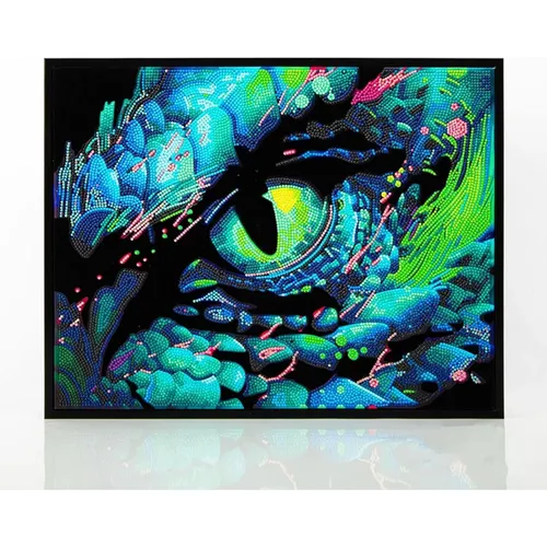 Diamond Painting Neon Drachenauge - Basteln mit 12.274 hochwertigen Strasssteinen im 13-Facettenschliff für extra Glitzer. Neonfarben auf schwarzem Hintergrund sorgen für einen einzigartigen Look – ideal für kreative Kunstliebhaber!
