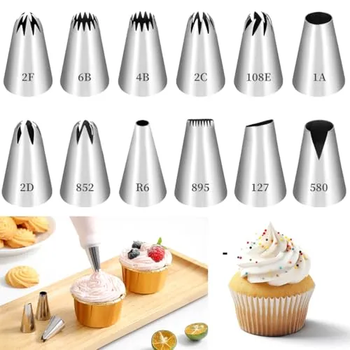 Pcs Spritztüllen Set, Edelstahl Tüllen für Spritzbeutel Zum Dekorieren | für Backen, Dekorieren von Kuchen, Keksen,12 Verschiedene Muster für Anfänger und Profis 12