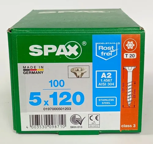 SPAX Universalschrauben T20 Senkkopf Edelstahl A2 5 mm x 120 mm - 100 Stück, rostfrei und ideal für präzise, flächenbündige Verschraubungen ohne Vorbohren