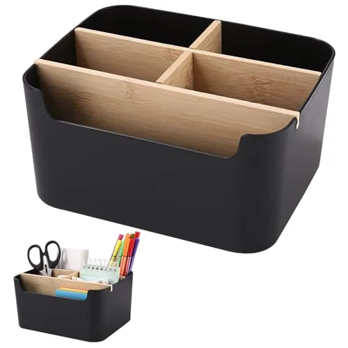 Qixora 5 Fächer Bambus Büro Organizer, Schreibtisch Organizer,Stiftehalter, Holz Desktop Stift Organizer, Bambus Tisch organizer für Kosmetika, Smartphones, Stifte, Kleine GegenstäNde Verwendet Werden