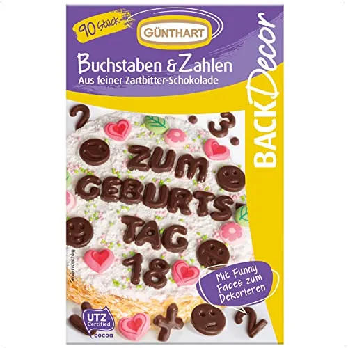 Günthart BackDecor 90 Stück Schokoladen Buchstaben, Alphabet und Zahlen aus feiner Zartbitter Schokolade, essbare Zahlen essbare Buchstaben für Torten und CupCakes, 1er Pack (47 g)