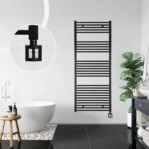 anapont elektrischer Badheizkörper 1475hx600b - schwarz - mit Timer-Funktion - Handtuchheizkörper - Badheizung elektrisch - Handtuchheizung bad - Made in Germany
