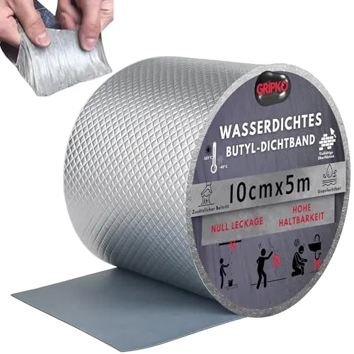 Gripko Butylband Wasserdicht 10cmx5M – Wasserdichtes Klebeband für Rohre, Dachrinnen & Undichtigkeiten – Vielseitiges, Wetterbeständiges Reparaturband