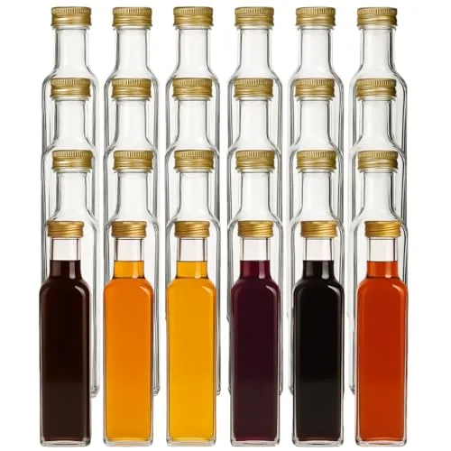 gouveo 24er Set Glasflasche 250 ml Maraska, eckig, Schraubverschluss PP31,5 (goldfarben) - leere Flaschen zum Befüllen für Likör, Schnaps, Sirup, Öl & Essig - spülmaschinengeeignet (MFET250G)