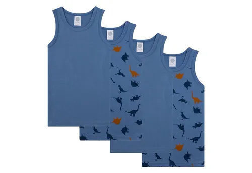 Sanetta Jungen Unterhemden 4er Pack - Dino Blau 116 - Kinder-Wäsche: Hochwertige, ärmellose Unterhemden aus 95% Baumwolle mit coolem Dino-Alloverprint, ideal für Komfort und Bewegungsfreiheit.
