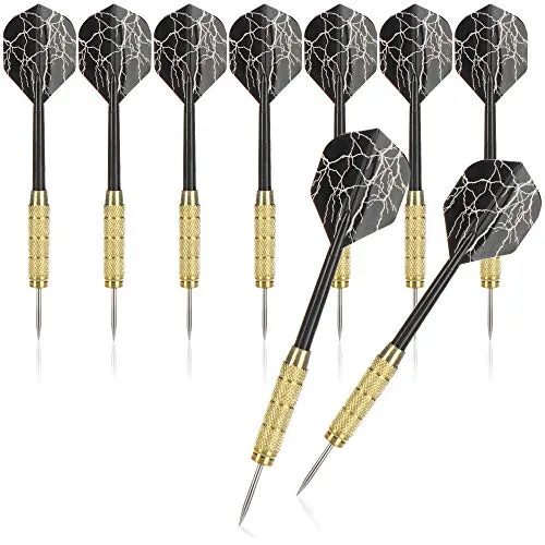 com-four® 9X Dartpfeil, bronzierte Steel Darts, Dartpfeile mit Stahlspitze, Kunststoffschaft und schwarzen Flights mit Blitzen, Gute Flugeigenschaften