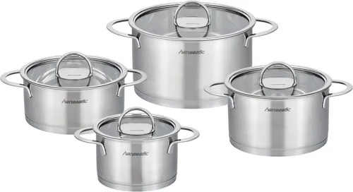 Hanseatic Topf-Set hanseatic, Edelstahl 18/10 (Set, 8-tlg., je 1 Fleischtopf 16/20/24 cm, Bratentopf 20 cm), handfreundliche Kaltmetallgriffe, Literskala, Glasdeckel, Induktion