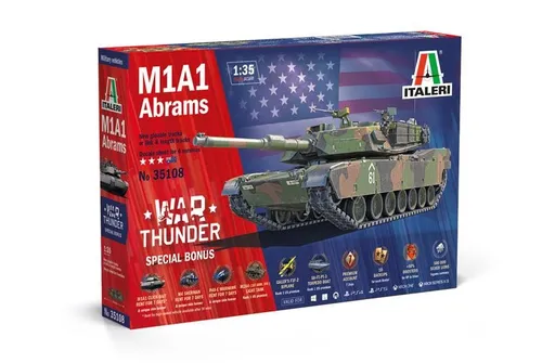 Italeri 35108 - 1:35 M1A1 Abrams War Thunder Modell - Bausatz für den M1A1 Abrams Panzer im Maßstab 1:35, ideal für Modellbau-Enthusiasten und Sammler, unmontiert für individuelles Basteln.
