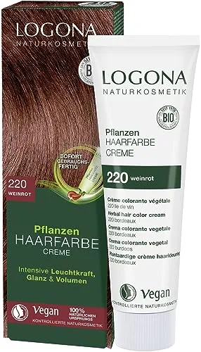 Produktbild LOGONA Naturkosmetik Pflanzen-Haarfarbe Creme 220 Weinrot, Rote Natur Haarfarbe mit Henna, vegane Farbcreme für eine dauerhafte Coloration, schonende Färbung für glänzendes Haar, 150ml