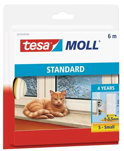tesa tesamoll STANDARD I-Profil Fenster-Dichtungsband weiß 9,0 mm x 6,0 m - Energie sparen und Wärme im Haus halten, selbstklebend und rückstandslos entfernbar