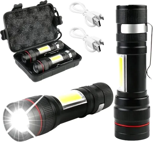 Taschenlampe LED,2 Stück 2000 Lumen Extrem Hell COB Seitenlicht, Mini Taschenlampe USB Aufladbare Mit Kunststoffbox, 3 Modi, Tragbar IPX5 Wasserdicht für Outdoor Camping Notfall