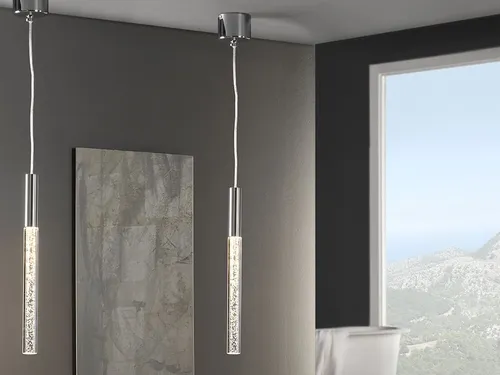 Pendelleuchte COSMO - Moderne Designlampe aus Glas mit LED - Stilvolle Hängelampe in glänzendem Chrom für ein modernes Ambiente. Ideal für verschiedene Räume, sorgt sie mit warmweißem Licht für eine einladende Atmosphäre. Energieeffizient und mit CE-Kennzeichnung.