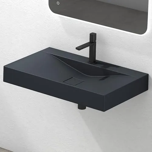 Mai & Mai Waschbecken Hängewaschbecken Aufsatzwaschbecken Mineralguss Anthrazit matt 1 Armaturenloch Rechteckig Breite: 80 cm Col810
