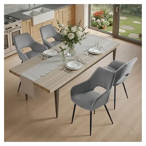 STOOLINK 4er Set Esszimmerstühle Modern, Stühle Esszimmer aus Samt, Küchenstühle mit Armlehnen, Gepolsterter Polsterstühle mit Ausgeschnittener Rückenlehne für Esszimmer, Wohnzimmer - Grau