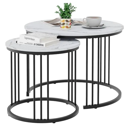 Couchtisch Rund, Satztisch 2er Set, Wohnzimmertisch, Couchtisch aus Holz, Beistelltisch Set, Sofatisch für Wohnzimmer, Schlafzimmer, Büro, Balkon, Schwarz Metallgestell und Weiß Marmor Tischplatte