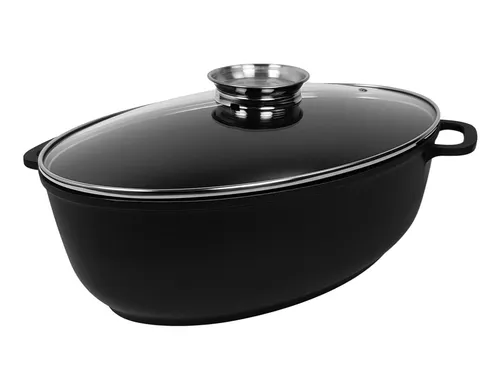 Aluguss Bräter Gänsebräter - Antihaft Schmorrtopf mit Glasdeckel - Ovaler Alugussbräter in Schwarz, ideal für Gans und Braten, mit antihaftbeschichteter Oberfläche für müheloses Kochen und einfache Reinigung.