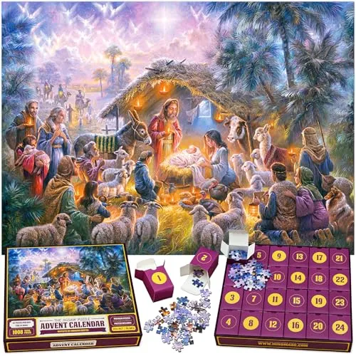 Der Original-Puzzle-Adventskalender 2025 – Krippe, 24 Boxen à 1008 Teile, Weihnachts-Countdown, Spaß für Kinder, Erwachsene, Familie, offizielles Kunstwerk von Abraham Hunter