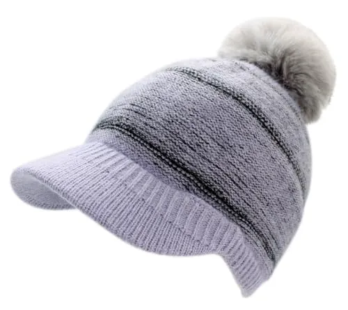 dy_mode Warme Damen Strickmütze mit festem Schirm, gefüttert und zweifarbig - Winter Schirmmütze mit Bommel - A500 (DE/NL/SE/PL, Alphanumerisch, Einheitsgröße, A500-LavendelSchwarz)