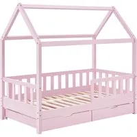 Juskys Kinderbett Marli 80 x 160 cm - Massivholz Hausbett mit Rausfallschutz und Bettkasten - Kleinkindbett im skandinavischen Design mit 2-teiligem Bettkasten für praktischen Stauraum; ideal für Kinder von 3 bis 10 Jahren und sorgt für eine sichere Schlafumgebung.