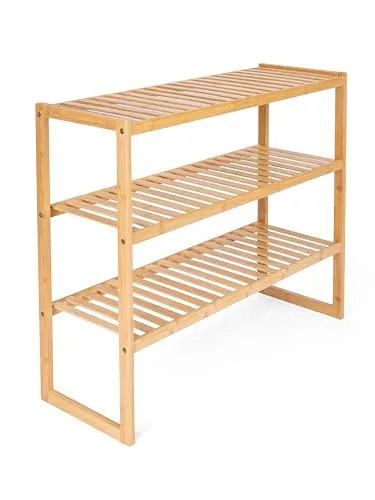 Meramie Schuhregal aus Bambus - Stapelbares Badezimmer- und Küchenregal - Standregal aus robustem Bambus mit 3 fixen Ebenen, ideal für Schuhe oder im Bad. Hohe Tragkraft von 10 kg pro Fach und 18,5 cm Fachhöhe für optimale Nutzung.