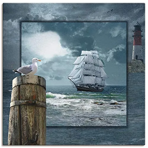 ARTLAND Wanddeko Leinwand Bilder Wandbild 70x70 cm Meer Küste Maritim Schiff Segelschiff Möwe Leuchtturm Sturm Wolken T6DA