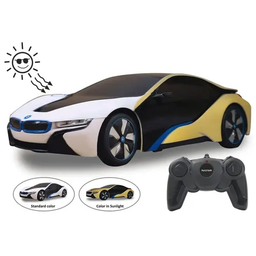 Jamara RC-Auto BMW I8 1:24 - Weiß/Gelb - RC-Modelle mit 2,4 GHz Fernsteuerung, ideal für Kinder ab 6 Jahren. Maximale Geschwindigkeit von 9 km/h für spannende Rennen!