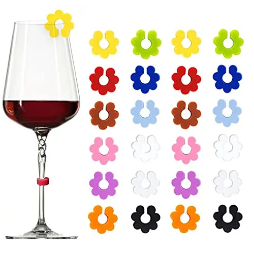 vgggrd 24 Pcs Glasmarkierer Glasmarker Silikon, Glas Markierung Trinkgläser für Weinglas, Champagnerglas, Cocktailglas, Martini-Glas, Trinkglas