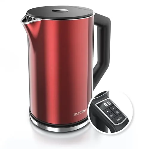 Arendo - Edelstahl Wasserkocher mit Temperatureinstellung 40-100 Grad in 5er Schritten - Doppelwand Design - Modell ELEGANT - 1,5 Liter - 2200 W - Teekocher mit Temperaturanzeige - GS - Rot