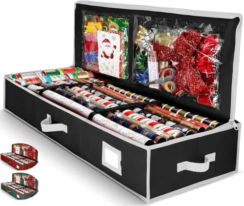 Geschenkpapier-Organizer, Weihnachts-Geschenkpapier-Aufbewahrungstasche mit nützlichen Taschen für Weihnachtszubehör, passend für bis zu 24 Rollen, Unterbett-Aufbewahrung für Urlaubsdekorationen,