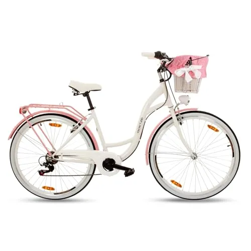 Goetze Mood 28 Zoll Damen Citybike, 18 Zoll Tiefeinsteiger Stahlrahmen, 7-Gang Kettenschaltung, doppelte V-Bremsen, LED-Beleuchtung, Rattankorb, Komfortsattel, mit Seitenständer & Klingel