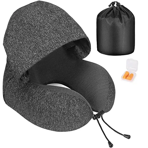 Eono Nackenkissen Memory Foam, Reisekissen mit Haube, Bequemes Nackenhörnchen mit Haube für Flugzeug, Auto, Zug, Büro, Nackenkissen Reise zum Schlafen