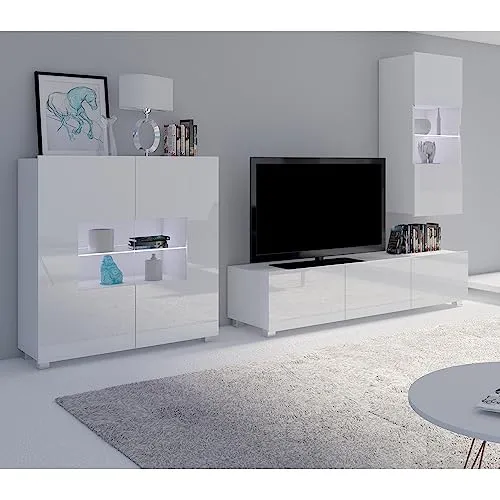 Lomadox Wohnwand Anbauwand weiß Hochglanz 3-teilig Modern - Moderne Hochschränke fürs Wohnzimmer mit hochwertigem, grifflosem Design. Inklusive LED-Beleuchtung und individuell kombinierbaren Möbeln für ein stilvolles Ambiente.