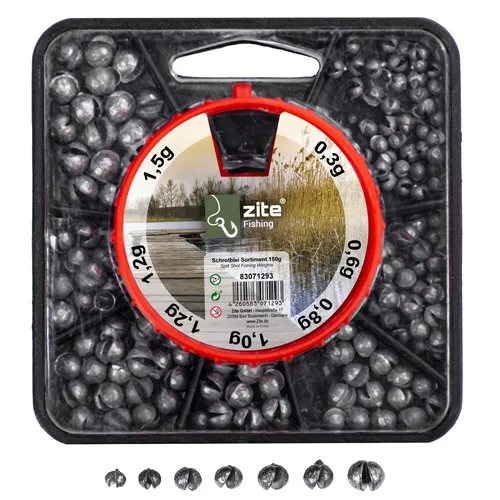 Schrotblei Bleischrot Angelblei Klemmblei Set Sortiment Dose 150g Zite Fishing