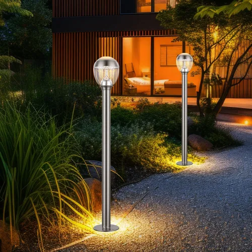 Edelstahl Außenleuchte Stehlampe 2er Set - Hochwertige Stehleuchte für den Außenbereich, spritzwassergeschützt (IP44) und mit 11W warmweißem LED-Leuchtmittel für effiziente Beleuchtung. Ideal zur Akzentuierung von Gartenwegen oder Objekten.
