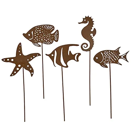 UNUS Garden Fische, Seestern und Seepferdchen Gartenstecker 5er Set, Gartendeko Rostoptik, Roststecker aus Edelrost Metall, Rost Deko für Garten Terrasse Balkon Blumentopf