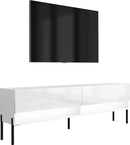 TV-Lowboard 170 cm Mattweiß / Hochglanzweiß, gerade schwarze Beine, weiße LED, 170 × 32 × 52 cm