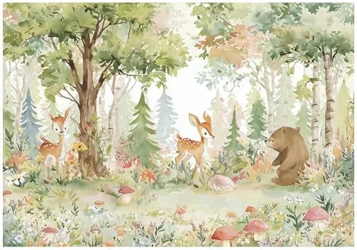 WallArena - Vlies Fototapete Kinderzimmer 350x250 cm Wald Tiere - Fototapeten Tapeten für Kinder Mädchen & Jungen - Kindertapete - Kinderzimmertapete Natur Tiere Blumen