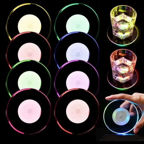 Produktbild WIYETY 8 Stück LED Untersetzer: Ø 10cm Leuchtuntersetzer Rund aus Acryl, Wasserdicht mit 7 Farbmodi & ON/Off Taste, LED Untersetzer für Gläser Flaschen Partys Hochzeiten Bar Weihnachten (Rund)