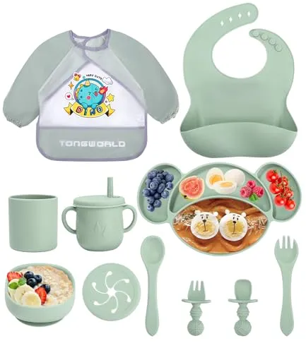 Jissta Silikon Baby Geschirrset,Baby-Teller,11-teiliges Set Kinderteller mit Saugnapf,Wasserdicht Babylätzchen,Silikonteller rutschfest BPA frei (Grün)