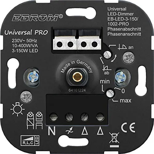 EBROM® Unterputz UNIVERSAL LED Dimmer Drehdimmer Phasenabschnitt + Phasenanschnitt LED 3-150 Watt, dimmbare Halogen etc 10-400 W/VA, der AllesDimmer, passt zu Busch Jäger, Gira, Jung
