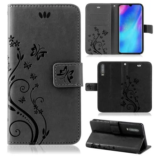 betterfon Hülle Kompatibel mit Huawei P30 | Premium PU Leder Handyhülle Wallet Case für P30 | Schutzhülle Blumen Klapphülle Handyhülle | Schwarz
