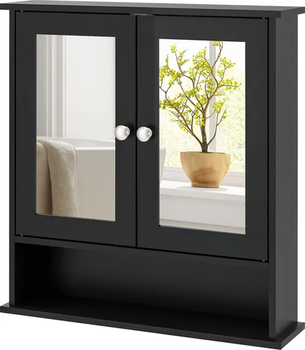 COSTWAY Spiegelschrank Badezimmer, Badschrank mit Spiegel&höhenverstellbarer Ablage, Badezimmerspiegel Hängeschrank Badmöbel Badezimmerschrank Schwarz