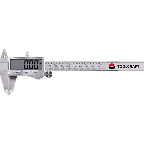 TOOLCRAFT TO-5664642 Digitaler Messschieber 150mm - Messwerkzeuge - Präziser digitaler Messschieber mit einer Messspanne von 0-150 mm und einer Genauigkeit von 0,03 mm für schnelle und exakte Messungen von Durchmessern und Abständen.