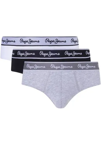 Pepe Jeans Herren Slips 3er Pack - Bequeme Unterwäsche aus Baumwolle - Herrenunterhosen im praktischen 3er Pack, einfarbig in Hellgrau, Schwarz und Weiß, mit elastischem Logobund für optimalen Tragekomfort.