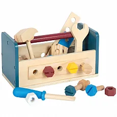small foot Werkzeugkasten und Werkbank „Workshop“ - Kunststoffspielzeug: 2in1 Werkzeugkasten und Werkbank aus Holz, 33-teiliges Set für kreatives Spielen und Bauen, ideal für Kinder ab 3 Jahren.